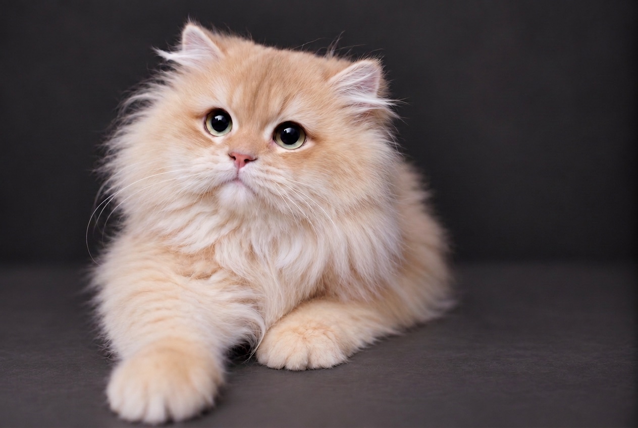 Golden British Longhair with a flowing coat and green eyes
